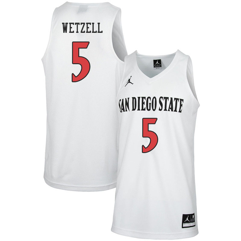 Jordan Brand Men #5 Yanni Wetzell San Diego State Aztecs College Basketball Jerseys Sale-White - Click Image to Close